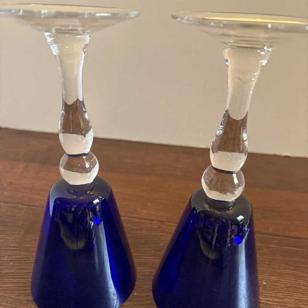 Vintage Hand Blown Cobalt Blue With Clear Stem  Water Wine Glass Set Of‎ 2
